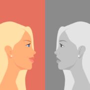animated woman looking at self both happy and depressed version